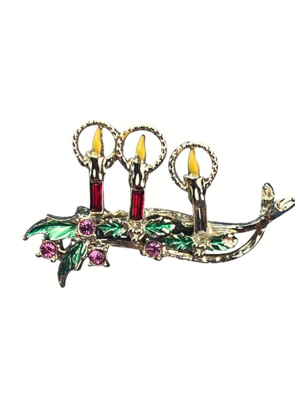 Christmas Candle Vintage Rhinestone Brooch Pin Holiday Jewelry Gold-Tone